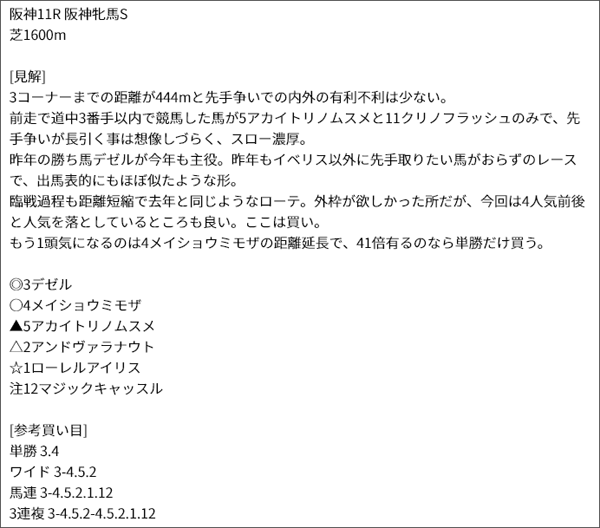 4/9(土) 阪神11R 予想