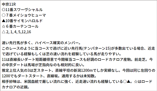 1/29(土) 中京11R 予想