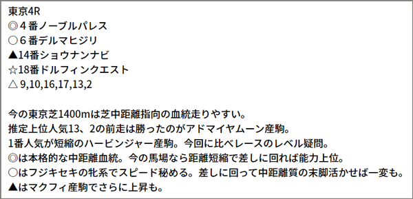 6/13(日)東京4R 予想本文