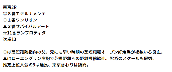 10/24(日) 東京2R 予想