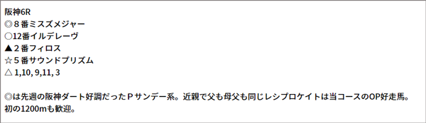 10/30(土) 阪神6R 予想