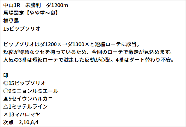 1/8(土) 中山1R 予想本文
