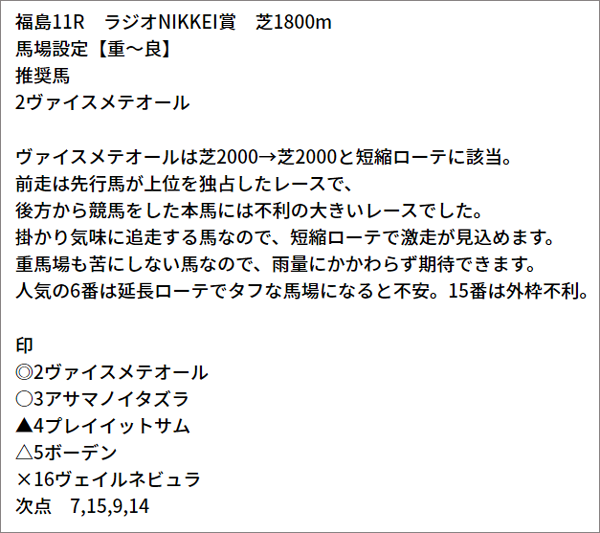 7/4(日) 福島11R 予想
